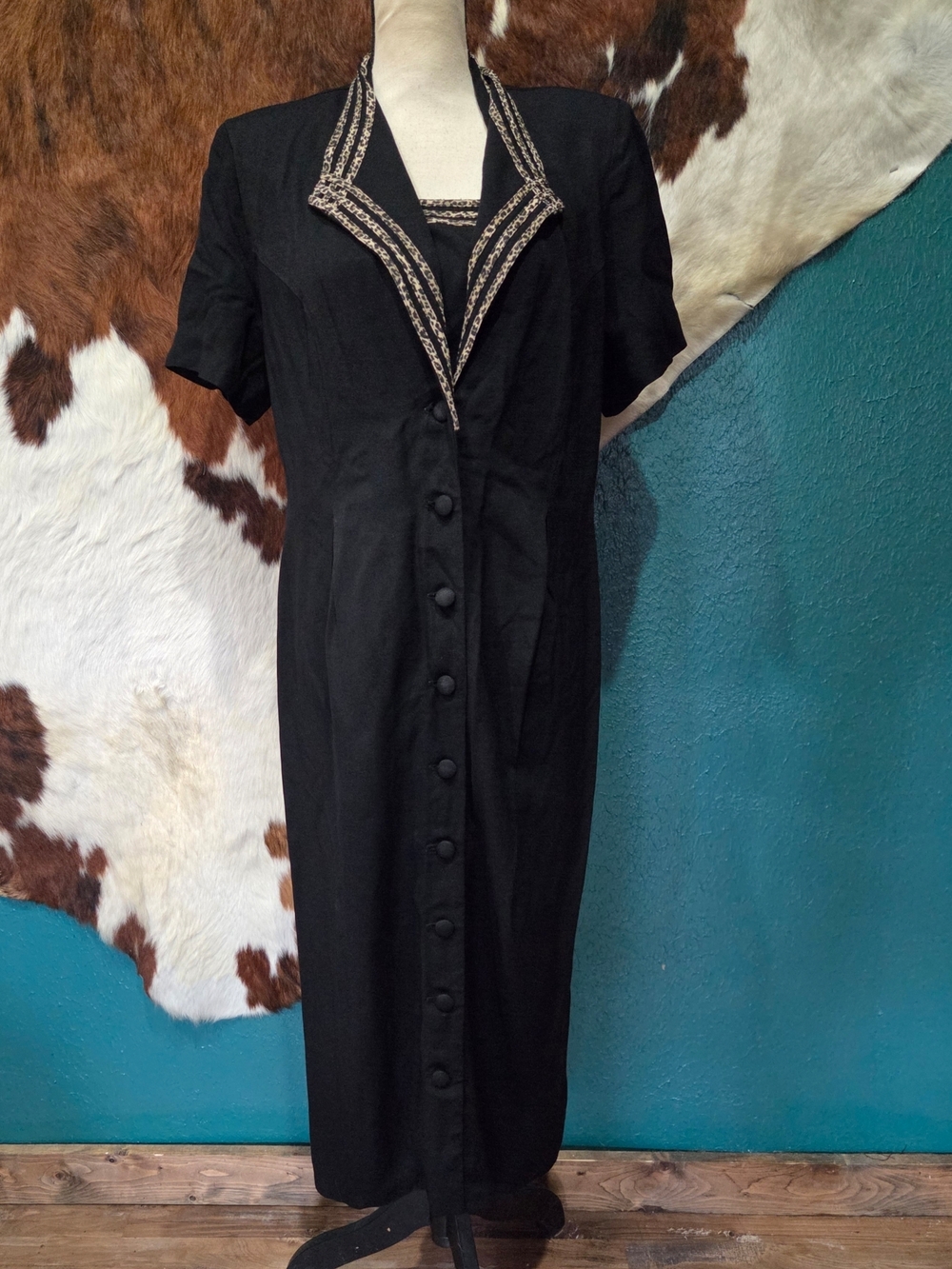 Vintage S.L. Fashions Black Midi Dress with Cheetah Contrast Trim